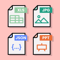 Document file folder download vector color format pdf doc xls jpg zip txt png json ppt csv xml ai mp3 mp4 html psd css js