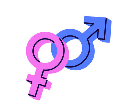 Male and female gender symbols. Woman and man sexes relationship, united overlapping mars and venus signs. Feminine and masculine concept. Flat vector illustration isolated on white background