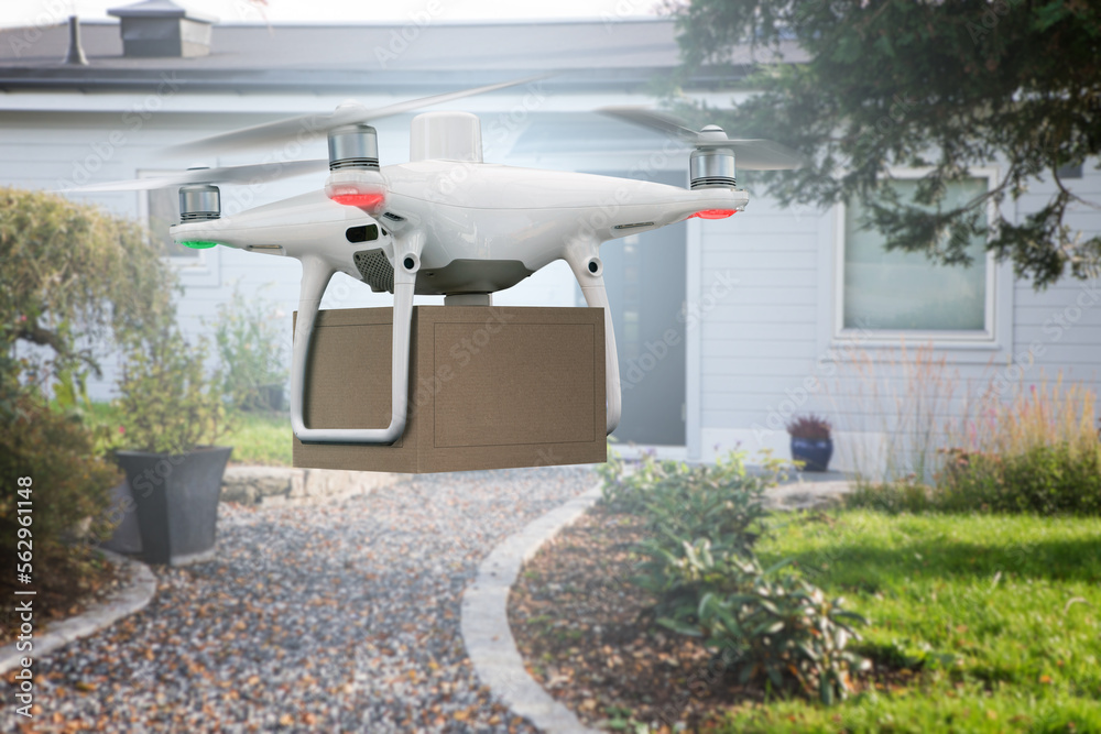 Poster drone with a package. unmanned delivery concept