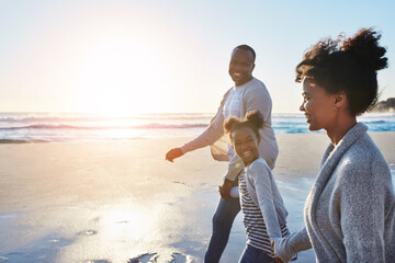 Black family, sunset and walking on a beach by parents and child on vacation or holiday at the...