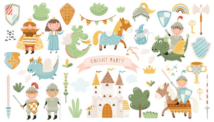 Cute characters of medieval fairy kingdom knights, king, princess, dragon, jousting, mouse wizard