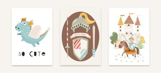 Three posters A knight with a spear and a shield on a horse near the knight's castle Emblem with knight's armor and weapons and a dragon So cute