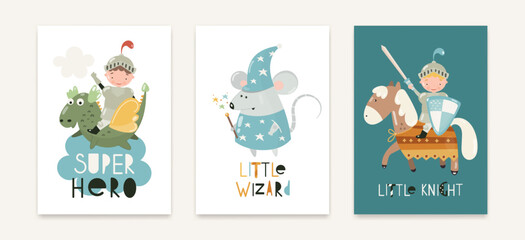 Three posters Knight on Dragon Super Hero, Mouse Little Wizard, Knight on Horseback with Sword and Shield Little Knight