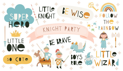 Cute cartoon character knights on horseback with sword and shield, knight duel with dragon