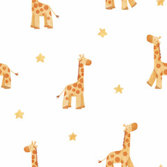 Beautiful simple seamless pattern with watercolor hand drawn cute safari giraffe animal. Stock illustration. For baby.