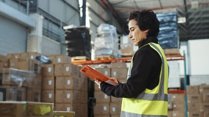 Woman in a reflective jacket taking stock in a fulfilment warehouse, she looks around assessing the inventory while reading a file. Inventory control is an essential part of her job as a warehouse man