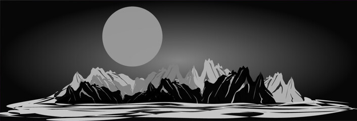 The illustrations and clipart. sunset in the desert. black and white illustration of  rocky mountain