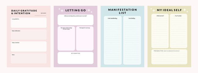 Set of printable vector manifestation and gratitude planner template for journaling
