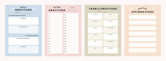 Set of printable vector gratitude planner template for manifestation plan and journaling