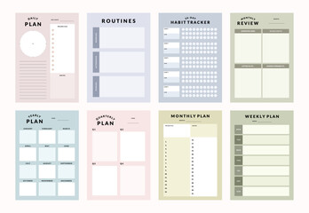 Vector printable template collection, weekly planner, monthly planner, yearly planner, habit tracker