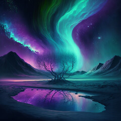 A magical landscape at night with green purple and blue auroras in the background
