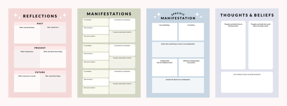 Set of printable vector manifestation and gratitude planner template for journaling