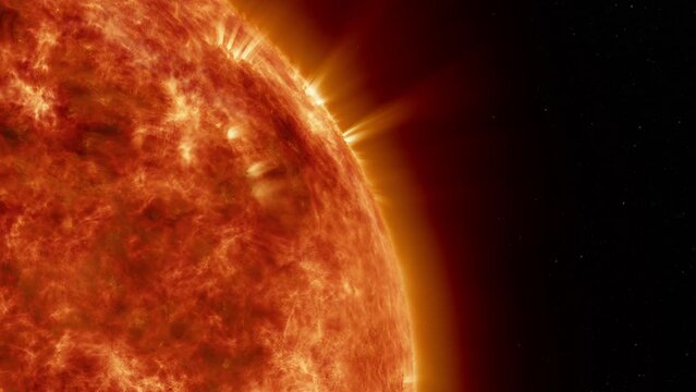 Earth's sun in space. Artistic concept 3D animation as close shot tracking away from solar surface with powerful bursting flares and star protuberances erupting with magnetic storms and plasma flashes