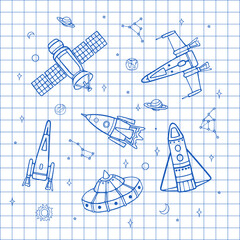 Rockets, space objects, planets drawn on a notebook sheet. Vector hand drawing.