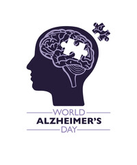 World Alzheimer's Day concept illustration. Human brain lacking a piece of puzzle.