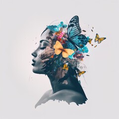 Surreal double exposure image of woman and butterflies. Great for ads, book covers, posters and more. Made with Generative AI.	
