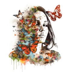 Surreal double exposure image of woman and butterflies. Great for ads, book covers, posters and more. Made with Generative AI.	