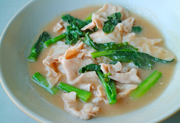 Chinese Style Rice Noodles with Pork and Kale in Gravy, One of Popular Dishes in Thailand