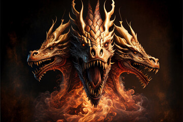 Fire-breathing dragon with three heads. AI generated.