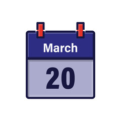 March 20, Calendar icon. Day, month. Meeting appointment time. Event schedule date. Flat vector illustration.
