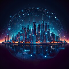 Illustration of a big city at night, application development concept, smart city, Internet of things, smart life, information technology, gradient grid line, metaverse connection technology concept