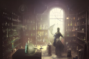 A strange and creepy cabinet of curiosities lab filled with lots of bottles and glass jars. Digital illustration. CG Artwork Background