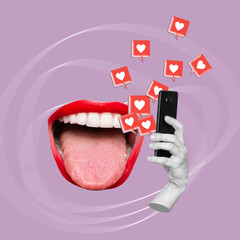 Big smiling woman's mouth with red lips showing tongue with hand holding mobile phone with like...