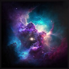 outer space purple-blue fluorescent image dark background cosmic lights moon stars purple futristic fog cloud magical holographic 