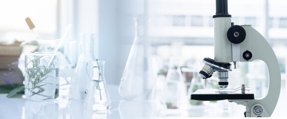Tests of plants in laboratory. Glasswares and microscope in classroom or laboratory. Science and education. Scientific experiment, Researcher, Research concept