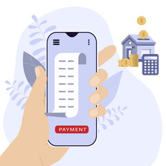The concept of mobile payment for energy consumption and utilities at home. Illustration of paying the cost of living
