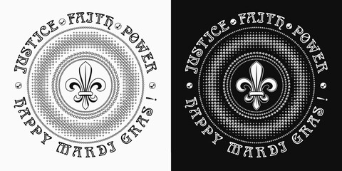 Round carnival Mardi Gras black and white pattern with beads, fleur de lis symbol, text Power, Faith, Justice. Halftone style. For prints, clothing, plate, apparel, t shirt, surface design © OA_Creation