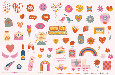 70s themed retro valentine clipart elements. Cute hand drawn romantic icons like rainbow, hearts, lips etc in vintage style concept. 