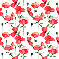 
Watercolor red poppy in a seamless pattern. Can be used as fabric, wallpaper, wrap.