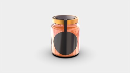 Premium glass container for liquid food product with black rounder circle label and cooper cap isolated on white solid background cut out ready front isometric camera view 3d rendering image