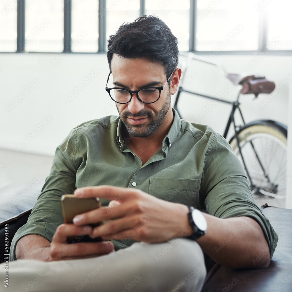 Leinwandbilder professional man with smartphone, email or social media scroll, contact and networking, reading text