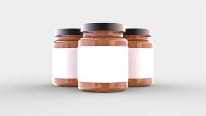Set of 3 glass container jar for liquid delicious sweet food template with clean rectangle white label ready to use in advertisement of product design 3d rendering isolated image front camera view