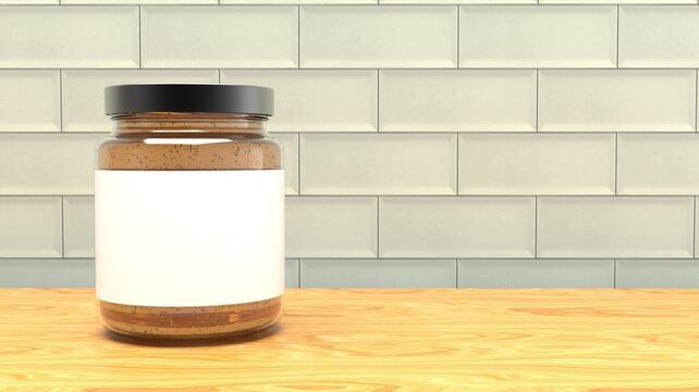 Glass jar stand on light wood table with white kitchen light tile on back side realistic like product design mockup with clean white label for branding 3d rendering image