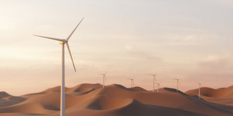 The wind turbine in the desert, clean energy and renewable energy, the concept, to reduce carbon release to the atmosphere net zero 2050 - 3d rendering. © 2April