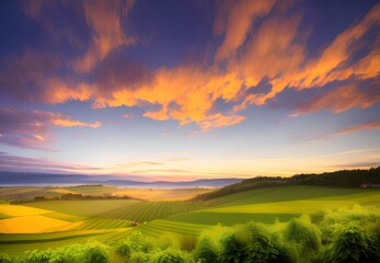 Generative AI,scenic view of agricultural field against sky during sunset