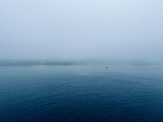Foggy seascape, sea horizon in the fog