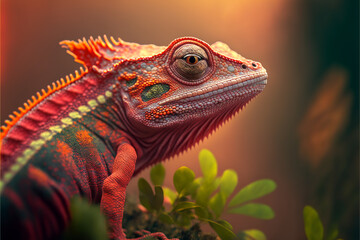 Obraz premium Incredibly cute colorful chameleon lizard with changing colors. Exotic wild lizard or reptile. Ai generated.
