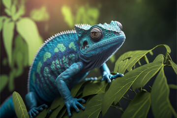 Obraz premium Incredibly cute colorful chameleon lizard with changing colors. Exotic wild lizard or reptile. Ai generated.