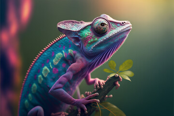 Incredibly cute colorful chameleon lizard with changing colors. Exotic wild lizard or reptile. Ai generated. - 562974318