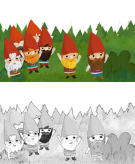 cartoon scene with dwarfs in the forest meadow illustration