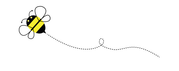 Cartoon bee icon. Bee flying on a dotted route isolated on the white background. Vector illustration