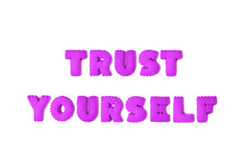 Text of TRUST YOURSELF spelled with purple alphabet cookies on transparent background, png file