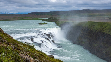 Tourists at the Gullfoss Waterfall on the Hvita River, Golden Circle, Iceland