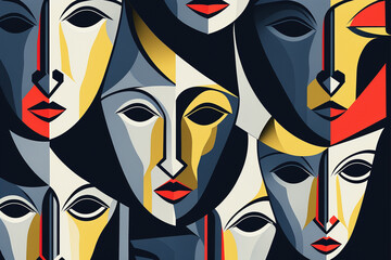 Abstract, crowded illustration of many faces in vivid color and geometric shapes. Wallpaper, Background, Picture. Artwork developed with generative ai and post-processing tools. - obrazy, fototapety, plakaty