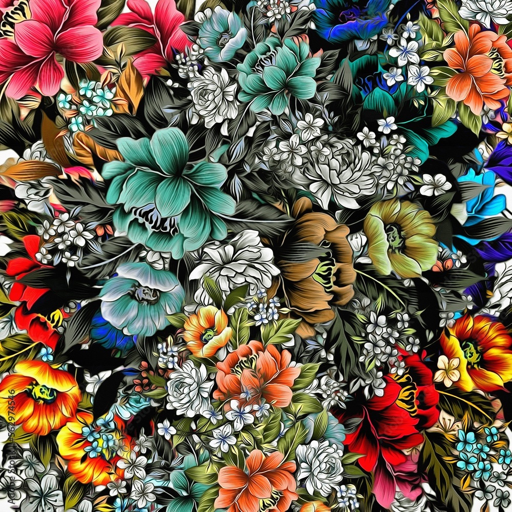 Fototapete computer graphics of abstract floral psychedelic background stylization of colored chaotic stickers 