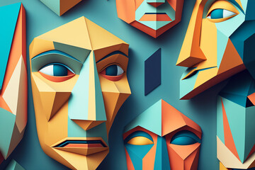 Abstract, crowded illustration of many faces in vivid color and geometric shapes. Wallpaper, Background, Picture. Artwork